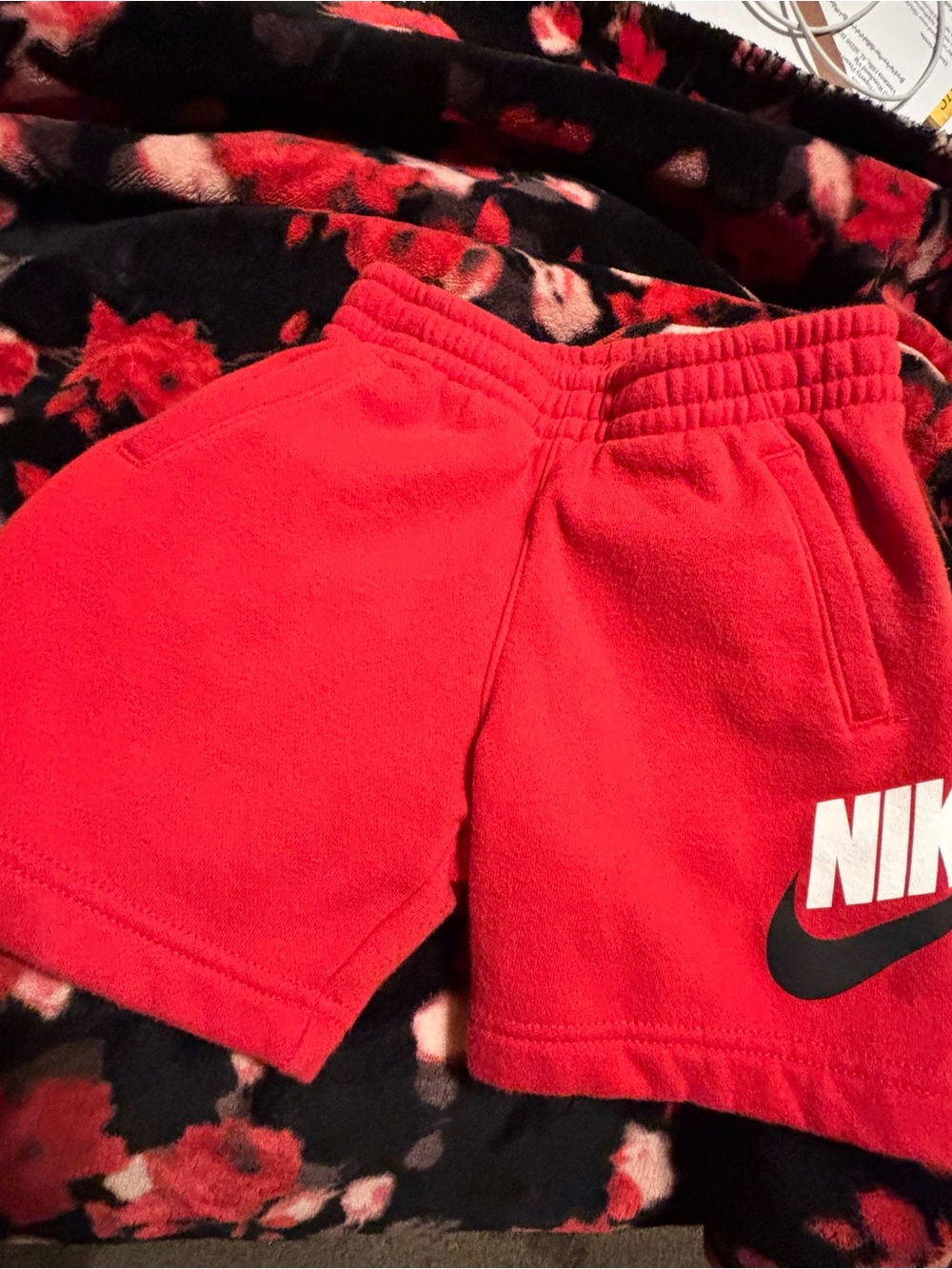 Nike Red Kids Fleece Shorts with Black Swoosh